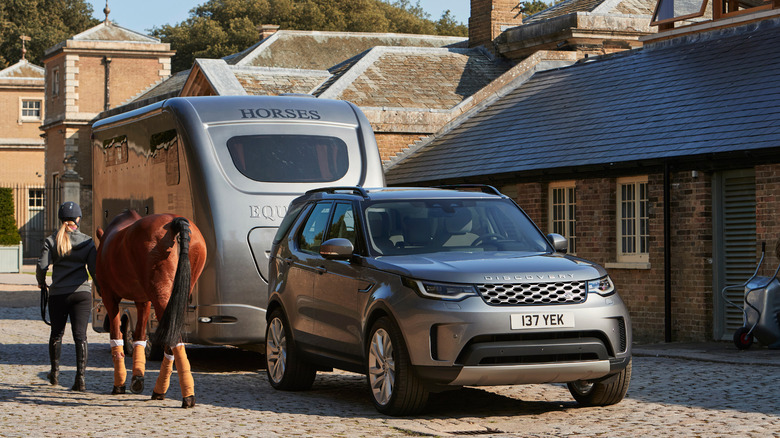 Land Rover Discovery parked beside a horse