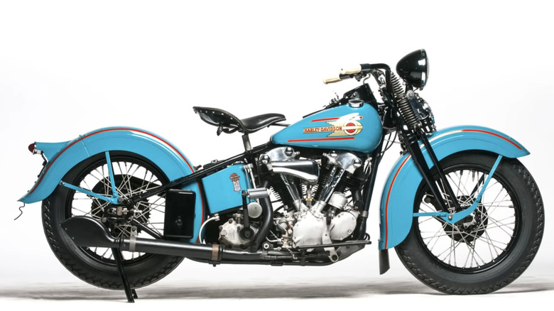 A 1937 Harley-Davidson Knucklehead EL painted in Delphine Blue sitting in the H-D museum.