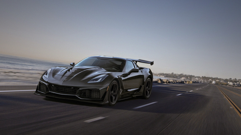 2019 Chevrolet Corvette ZR-1 driving along highway, front-left 3/4 view
