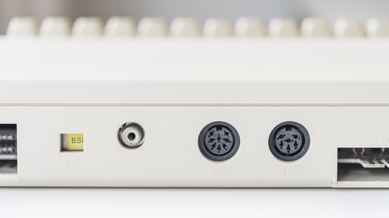 Close-up of legacy ports on an old computer