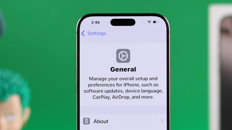 iPhone showing general menu with headphones and box in background