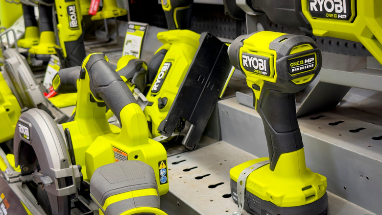 A selection of Ryobi power tools on display