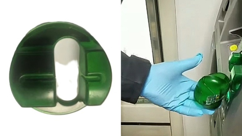 Split Image: a card skimmer and an investigator removing a card skimmer from a gas station ATM