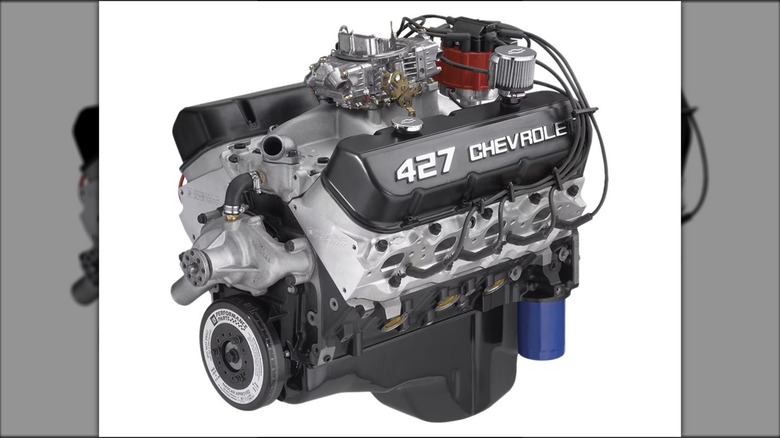 A carbureted 427-cubic inch Chevrolet crate engine.