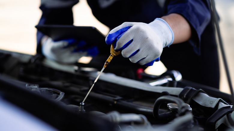 A mechanic checking a car's engine oil levels.