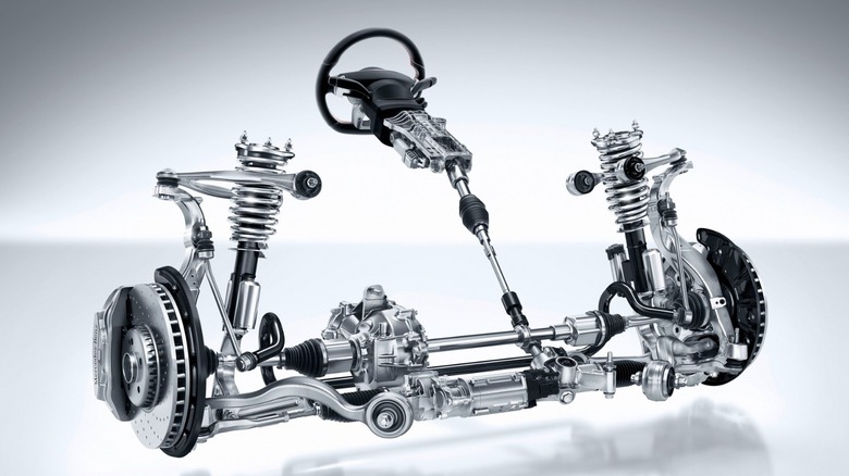 Mechanical framework teardown view of a vehicle's steering system