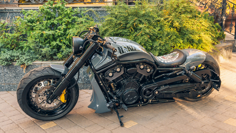 A grey Harley-Davidson V-Rod motorcycle in the parking lot near green bushes