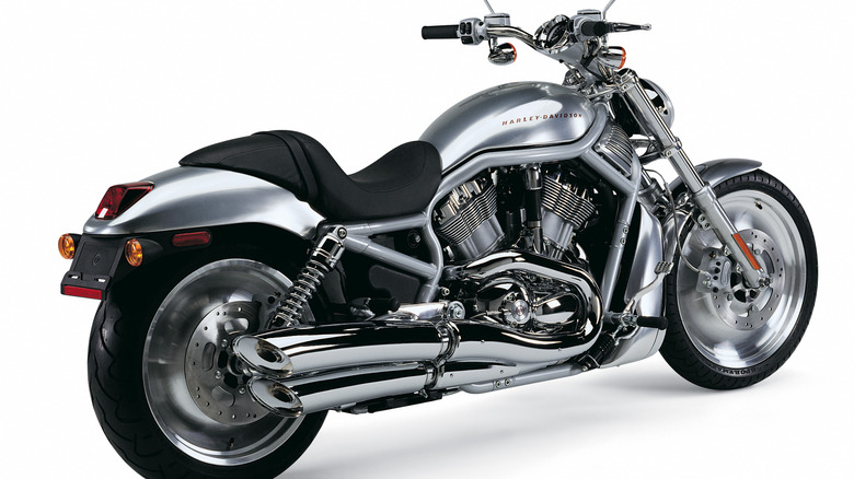 A pristine V-Rod on display against a white background