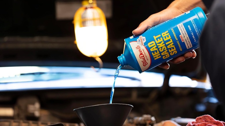 A person pouring BlueDevil head gasket sealer into their car's radiator