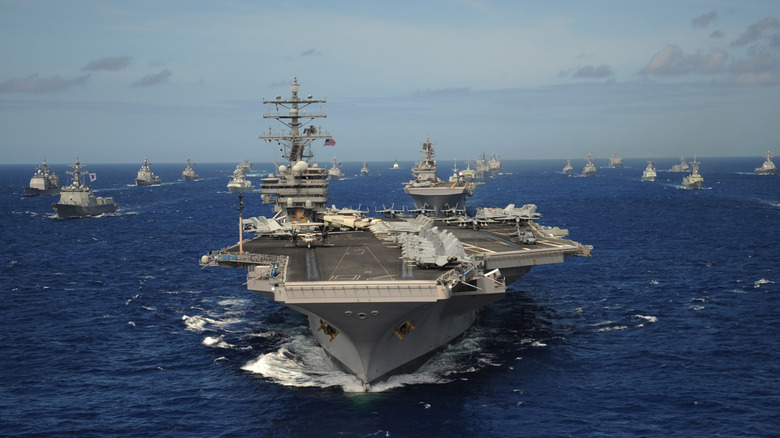 A U.S. carrier group sailing in formation