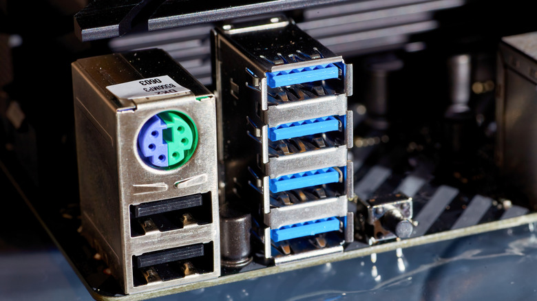 blue USB ports on an exposed motherboard