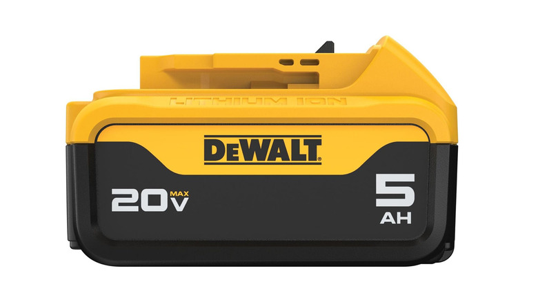 Black and yellow DeWalt battery pictured on plain background