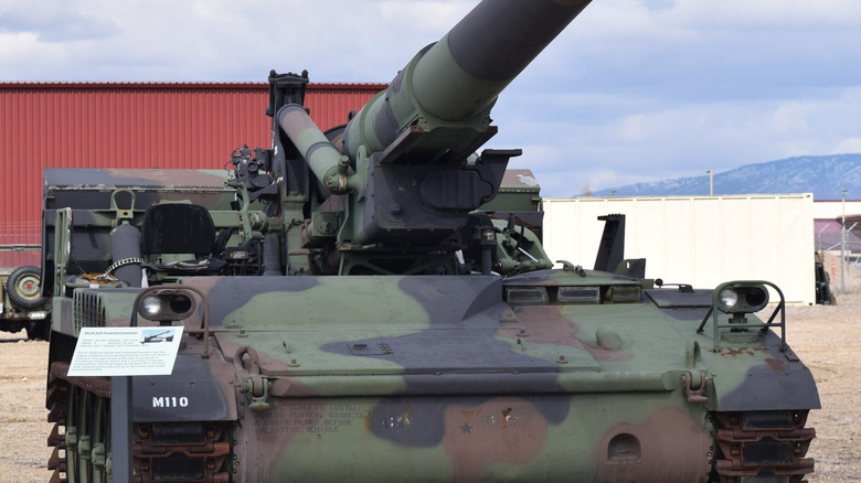 A M110 Howitzer on display on a military base