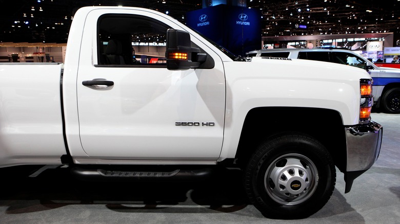 White Chevy SIlverado 3500 HD at auto show