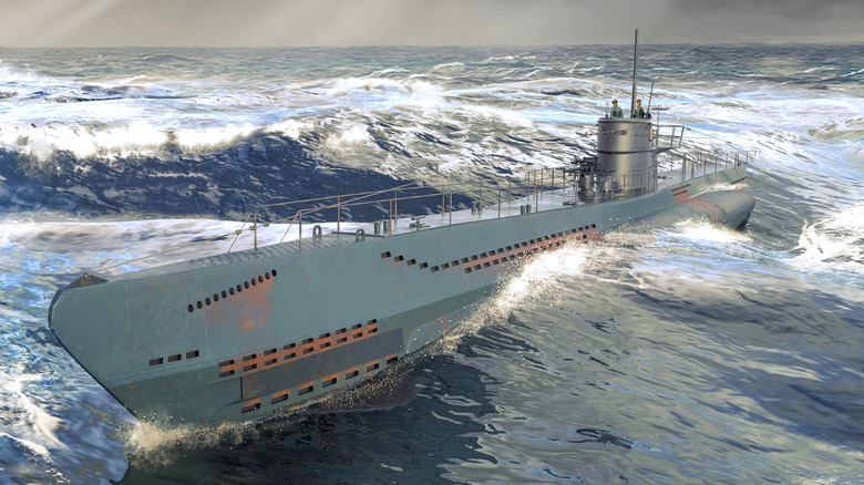 A 3D render of a WWII German U-boat on the surface during rough seas