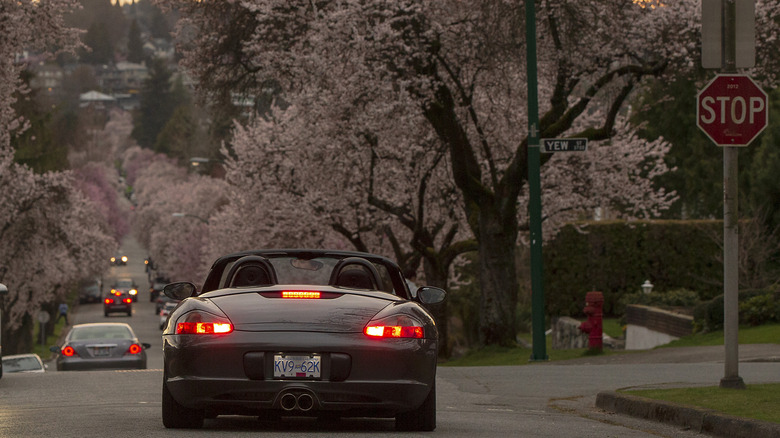Stop sign on side with cars on the road