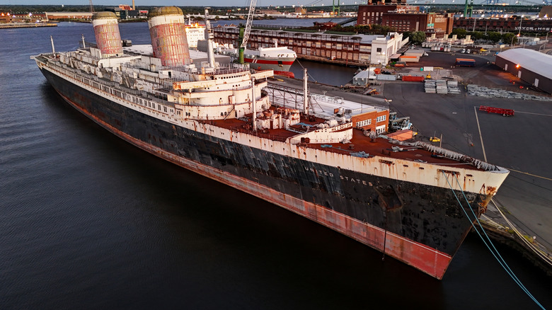 The SS United States sits idle in a Philadelphia shipyard
