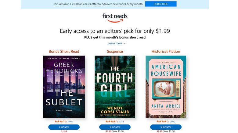 Amazon First Reads home page with monthly selection of books