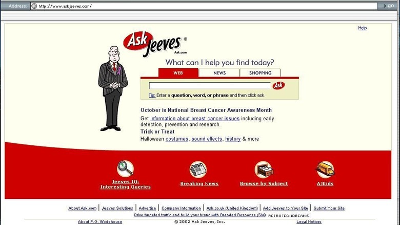 The Ask Jeeves homepage showcasing its iconic butler logo besides its revolutionary search engine