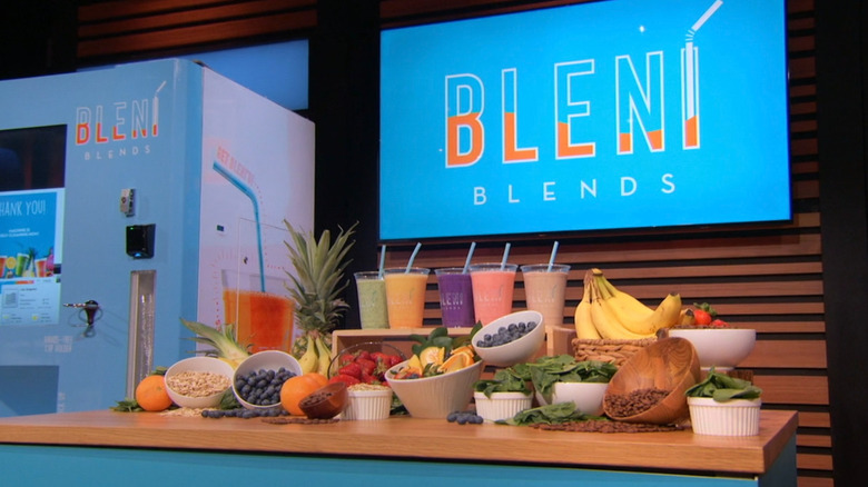 Bleni Blends display with various fruits and smoothies on Shark Tank