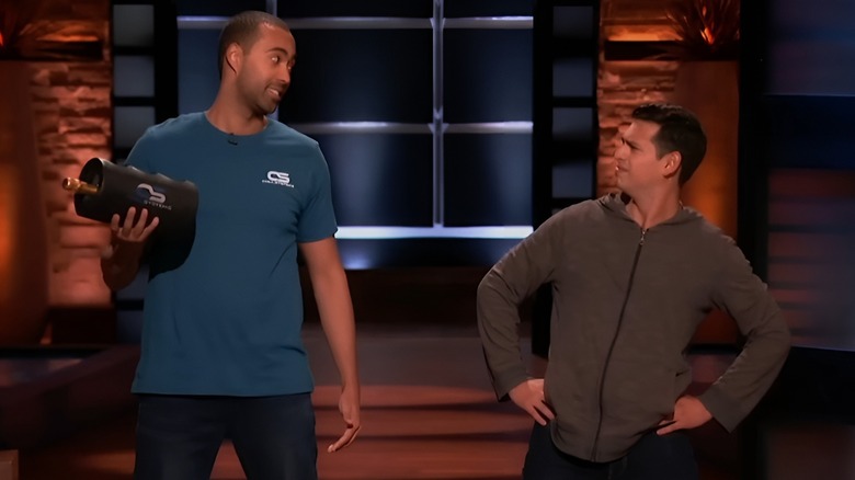 Brian and Chase giving each other perplexed expressions during Chill Systems Shark Tank pitch