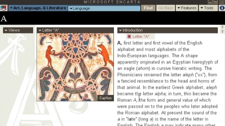 Encarta screen showing the letter A