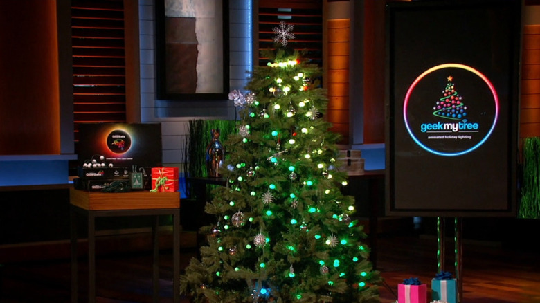Christmas tree with Geek My Tree lights being displayed on Shark Tank