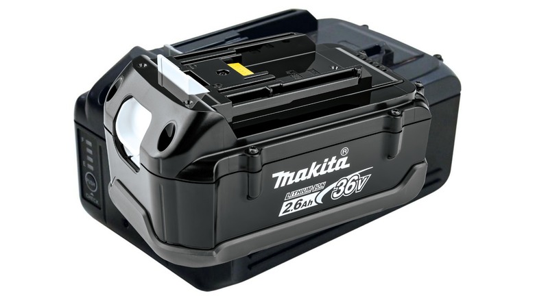 Close up of Makita 36V battery on white background