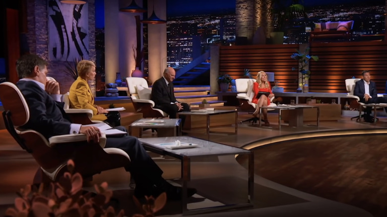 Mark Cuban, Barbara Corcoran, Kevin O'Leary, Lori Greiner, and Daniel Lubetzky listening to Sparketh's presentation on "Shark Tank"