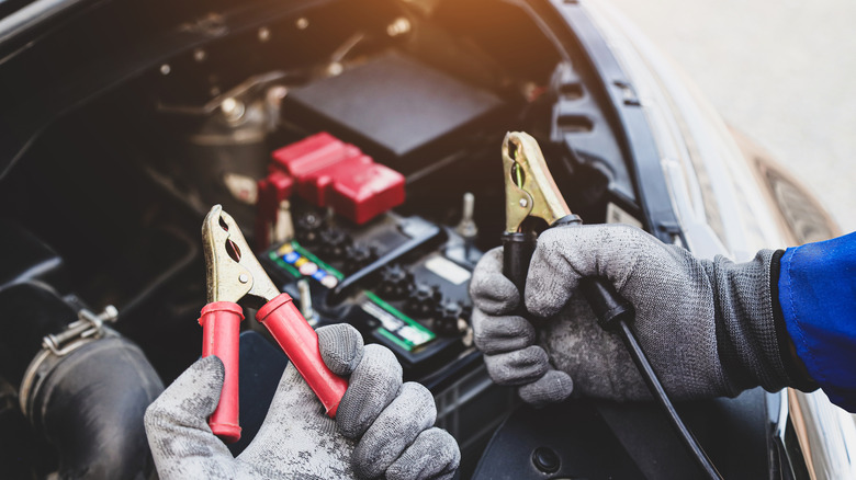 Person holding jumper cables in their hands