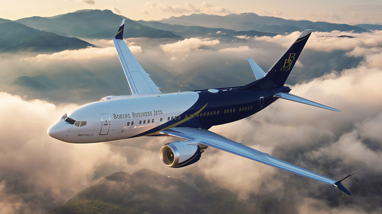 BBJ 737-8 flying over mountains and clouds