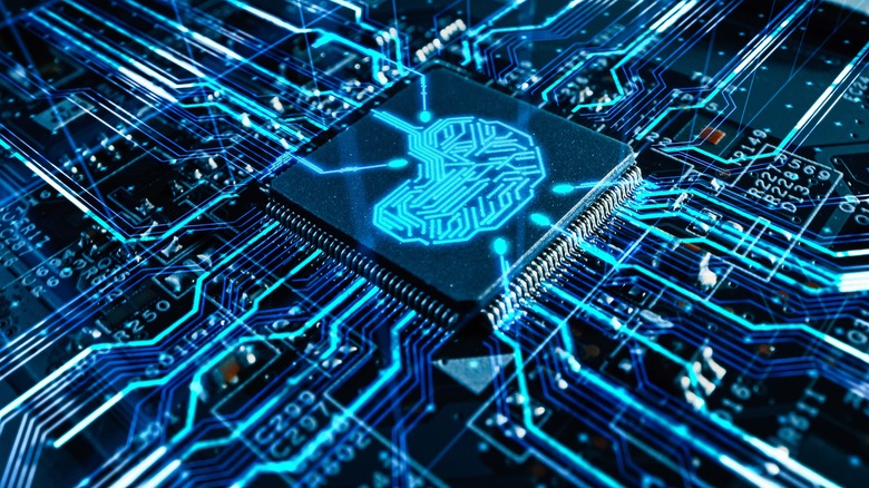 Blue CPU brain connecting computer 