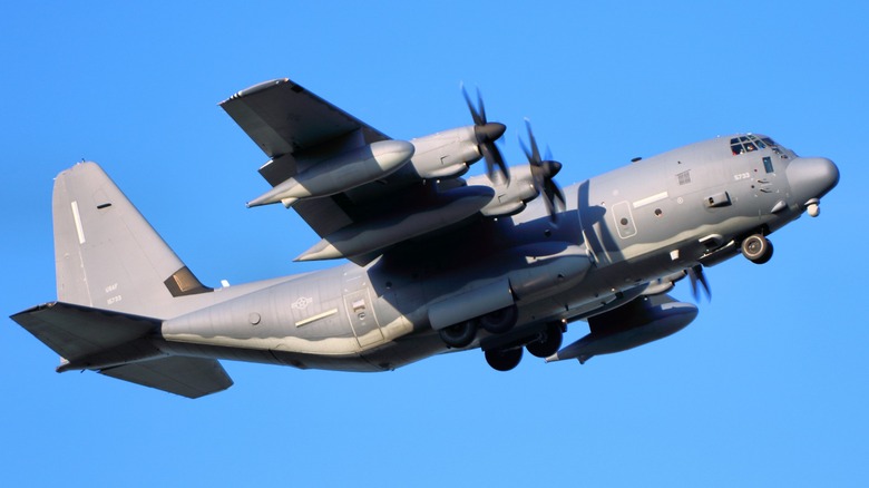 An MC-130J Super Hercules aircraft shortly after takeoff.