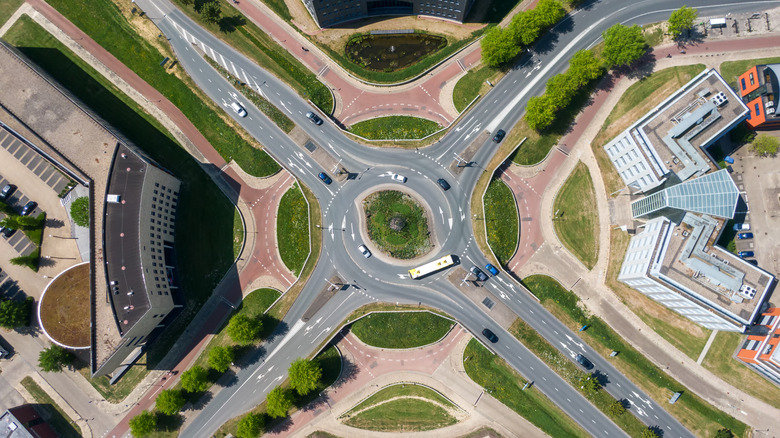 Top down aerial view of a multi level turbo roundabout with road and cycle lanes in Houten, the Netherlands.
