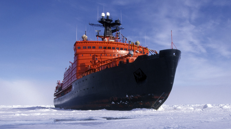 An icebreaker operating in a frozen sea.