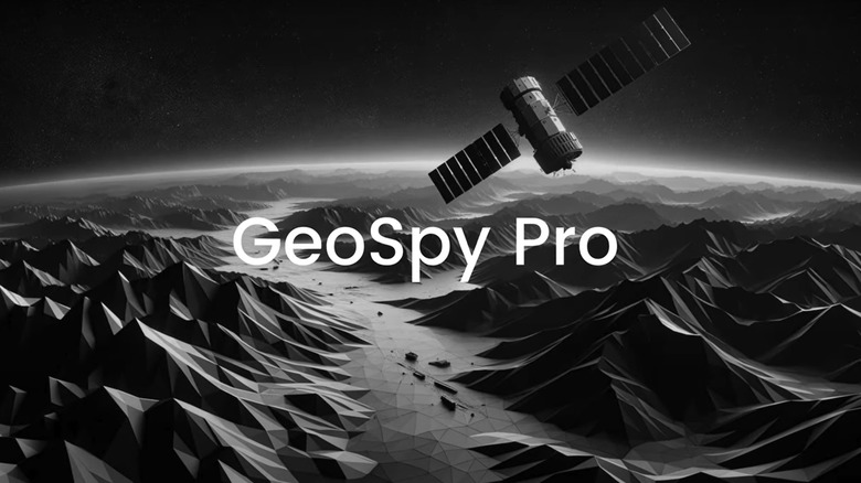 A satellite flies over a geospatial landmass with the words GeoSpy Pro displayed