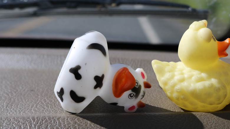 Two rubber ducks on vehicle dashboard