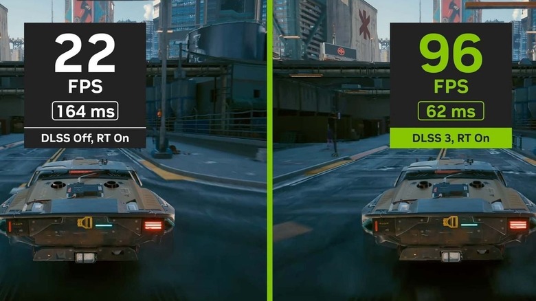 Cyberpunk 2077 running with and without DLSS 3, frane rate comparison
