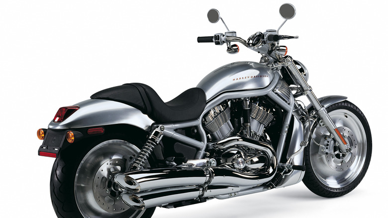 The Harley-Davidson VRSCA V-Rod motorcycle in silver against a white background.