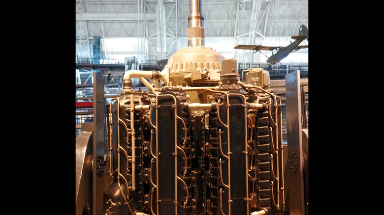 Closeup of a prototye of the Lycoming XR-7755-3 piston engine stored at the National Air and Space Museum, Virginia, USA.