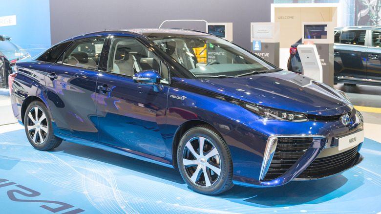 Front view of a blue Toyota Mirai