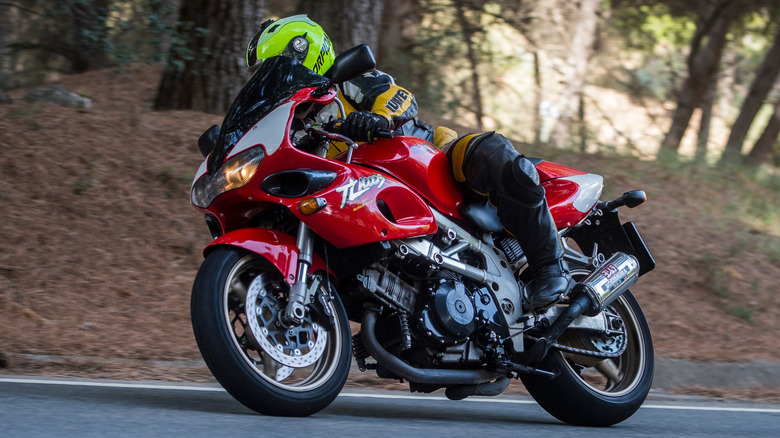 A motorcycle rider on a Suzuki TL1000S