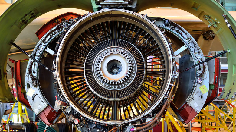 A CFM56-5 turbofan at an aircraft maintenance facility