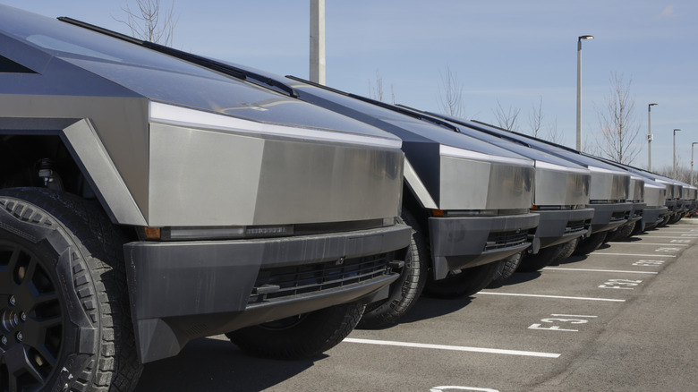 row of cybertrucks in parking lot