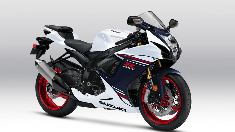 2025 Suzuki GSX-R750 in white with blue accents and red wheels