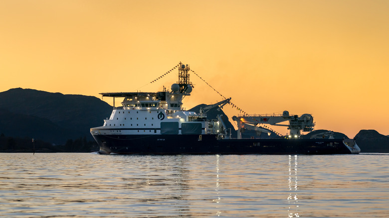 Island Victory in fjord at sunset