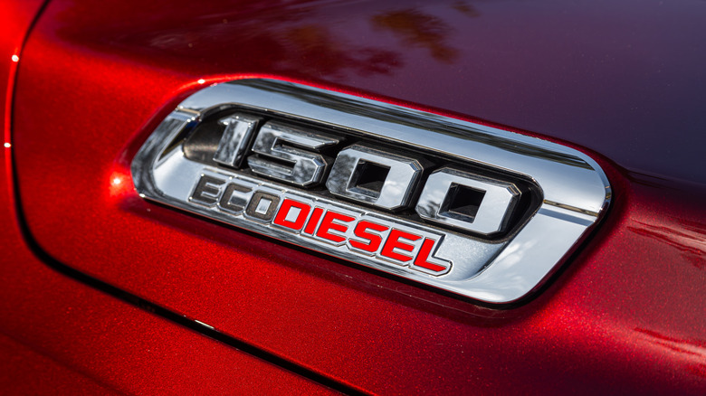 Close up shot of the Ram 1500 EcoDiesel badging.
