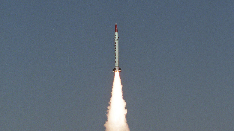 Shahen I ballistic missile in-flight with rocket trail