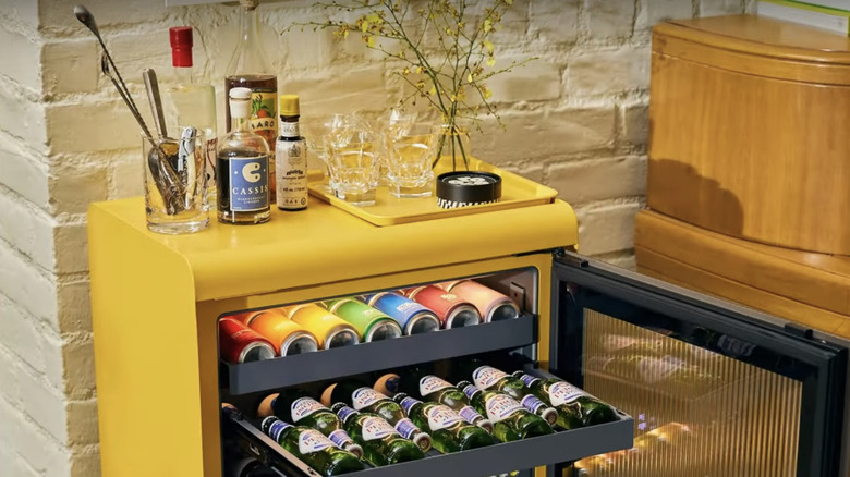Yellow Rocco Smart Fridge with assembled bar top