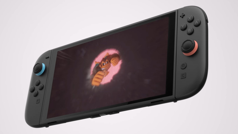 A Nintendo Switch 2 in portable or handheld mode showing Donkey Kong Bananza on the screen.